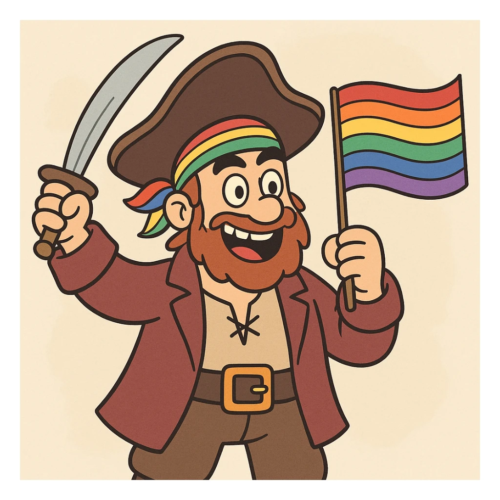 cheerful pirate character with LGBTQ+ pride elements such as a rainbow flag or colorful bandana, cartoon style sticker