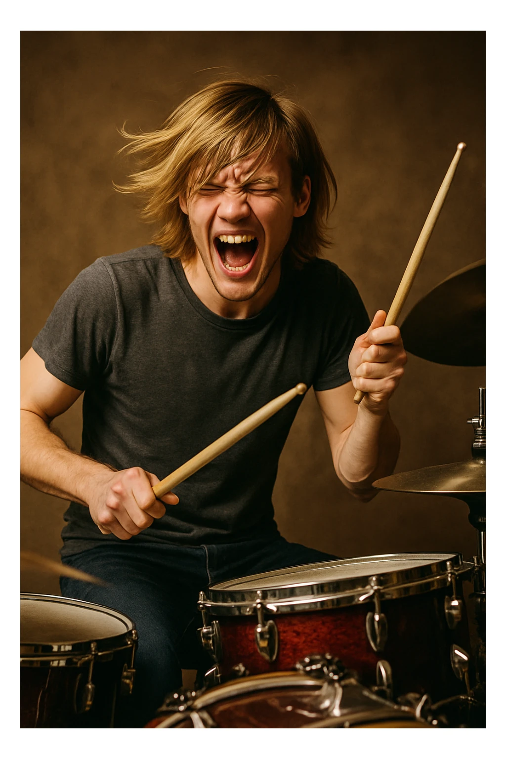 male drummer, blonde hair styled long on top with bangs, mid-performance, dynamic pose, casual clothing sticker