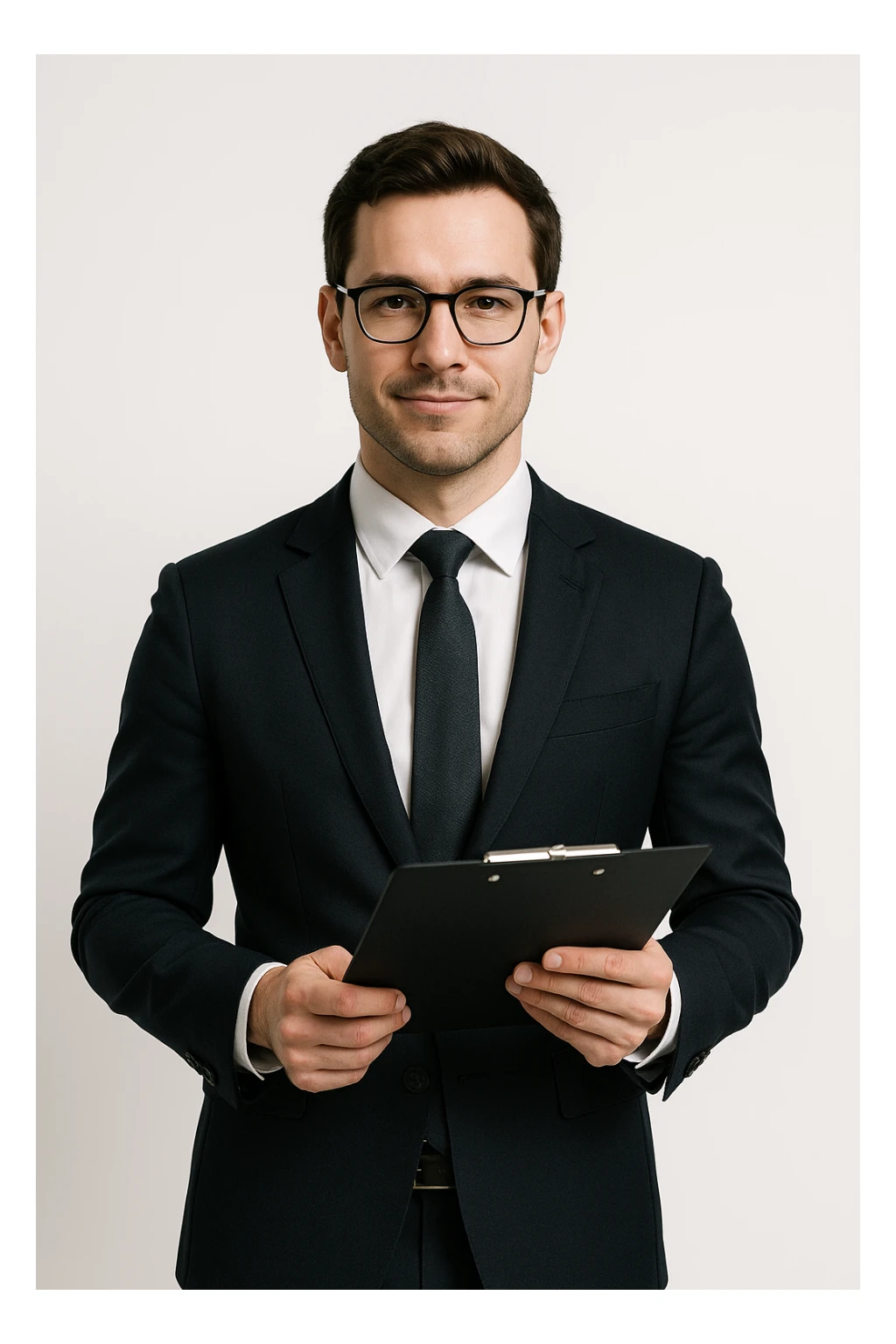 smart looking man holding a clipboard, professional attire, confident expression, clean background sticker