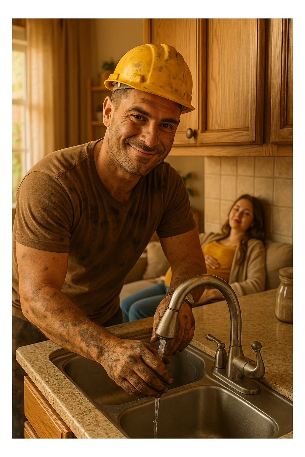 Construction worker coming home, immediately fixing leaky faucet without being asked, hands dirty but smile calm as his pregnant wife rests on couch sticker