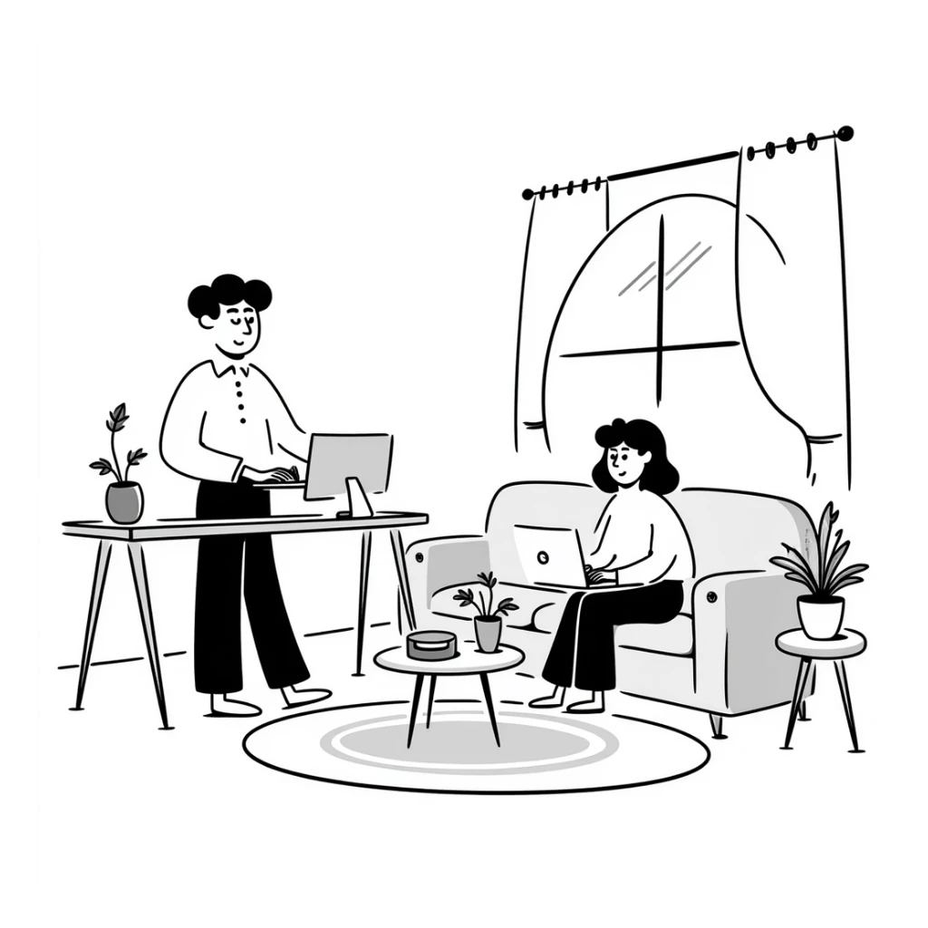escenary 3d of a cozy mid-century living room with two people working on laptops, one man standing at a desk, and one woman sitting on a couch sticker