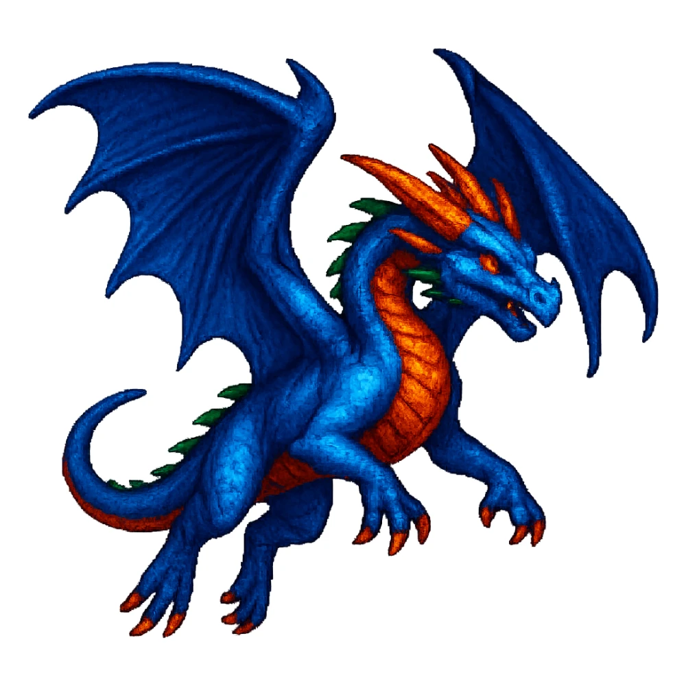 Show this fiery blue dragon with large wings in a dynamic flying pose, keep the style. sticker