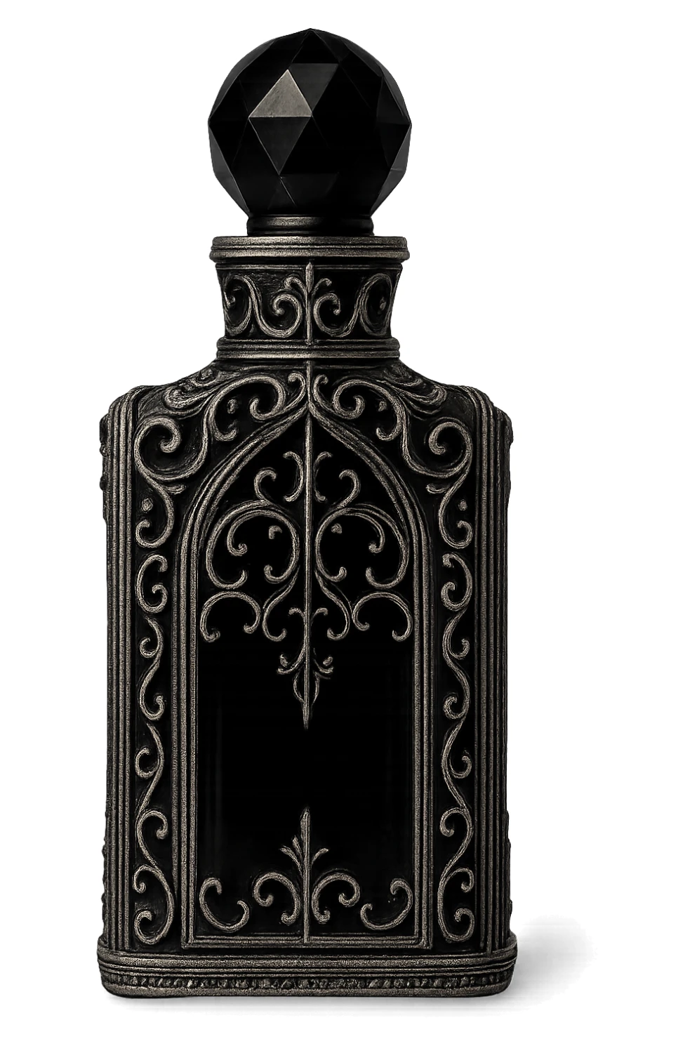 gothic perfume bottle, black glass with silver filigree, no background sticker