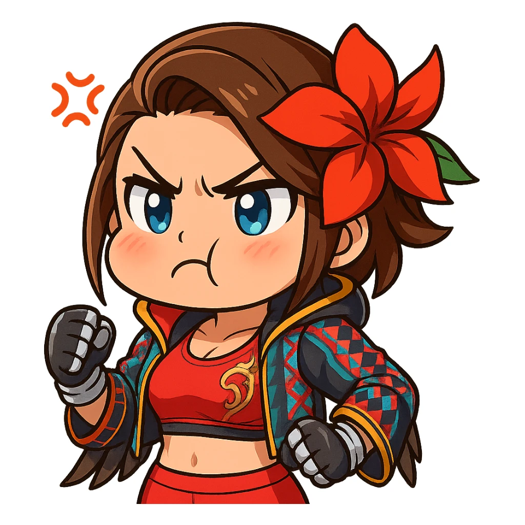 Azucena from Tekken 8 in chibi sticker style, angry with puffed cheeks, standard Twitch emote, wearing her detailed red and patterned outfit as shown in the reference images. sticker