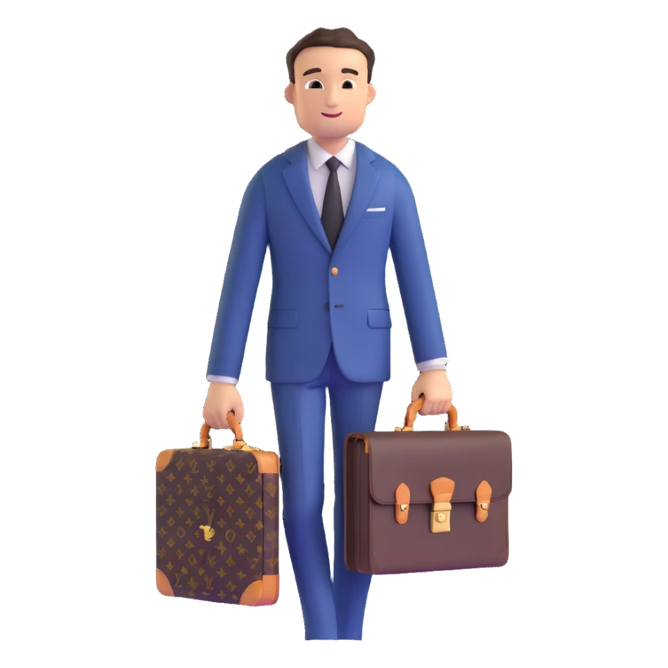 fashionable man wearing Louis Vuitton suit and carrying LV briefcase sticker
