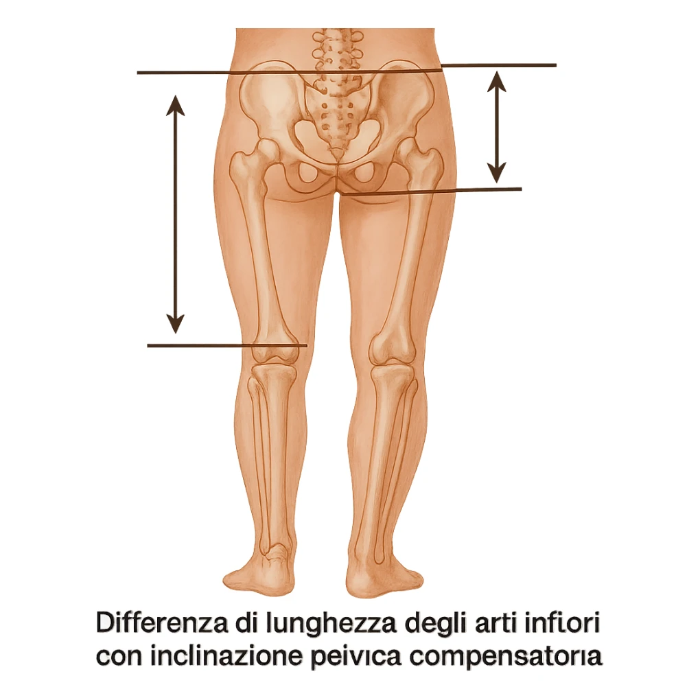 Medical style hyperrealistic posterior view highlighting the difference in leg length: one leg visibly shorter than the other, pelvis tilted for compensation. Add arrows, reference lines, and an anatomical caption in Italian to make the concept immediately understandable. Remove background. Variation 2. sticker