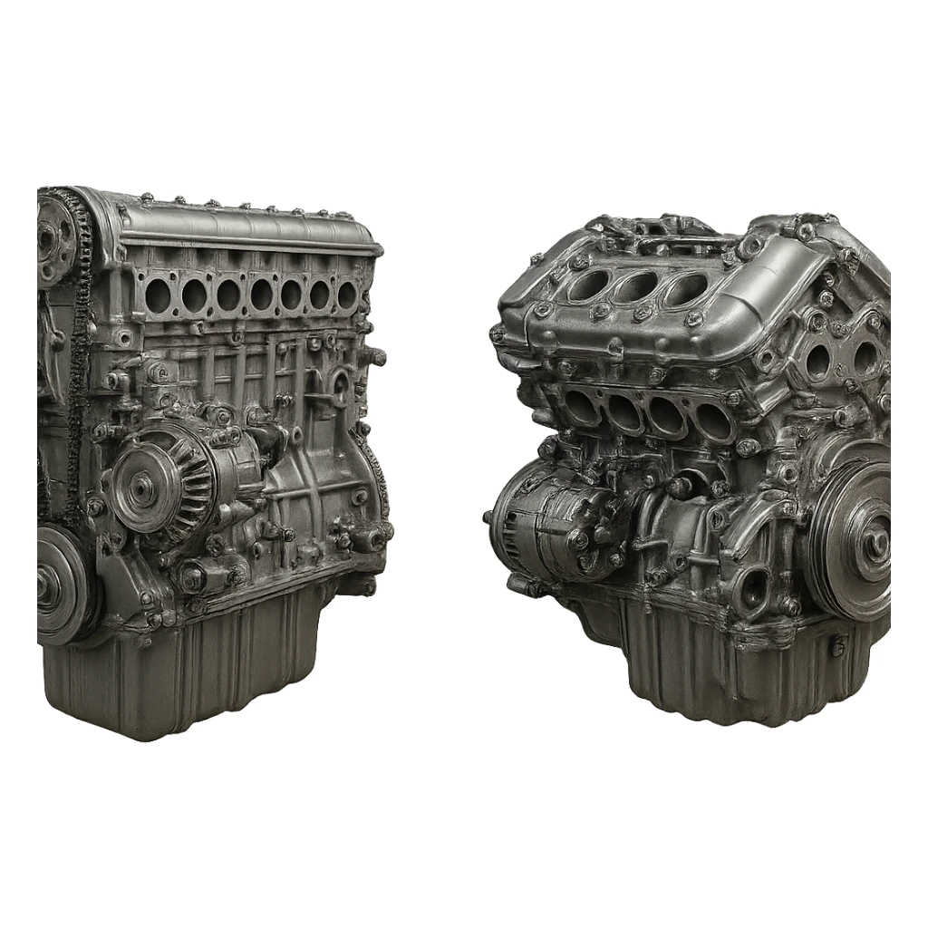 realistic comparison of inline 6-cylinder and V6 engines, both shown next to each other, detailed, metallic, no background sticker
