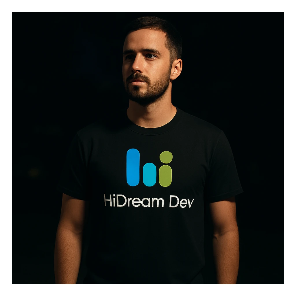 man wearing tshirt with this logo, dark night background with dim  sticker