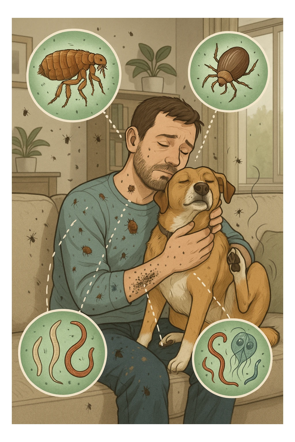 "Man cuddling with his beloved dog on couch, unaware that fleas, ticks, and worms are jumping from pet's fur onto his clothing, microscopic visualization showing roundworms, hookworms, and giardia transferring between species, expression of loving pet owner ignorant of health risks, living room becoming cross-contamination zone, pet's scratching and licking spreading parasites to human environment" in italiano sticker