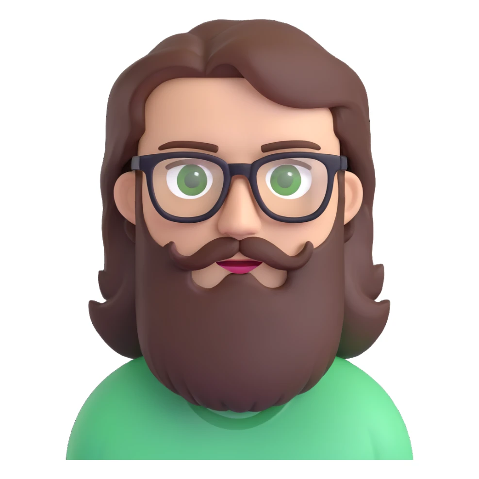 white male mid 30s green eyes black square glasses long brown beard with medium length brown hair sticker