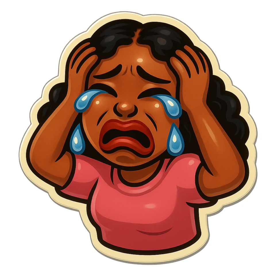  laughing with Tears rolling down face 
Mouth Pout
hands on head 
pink shirt 
head down
 sticker