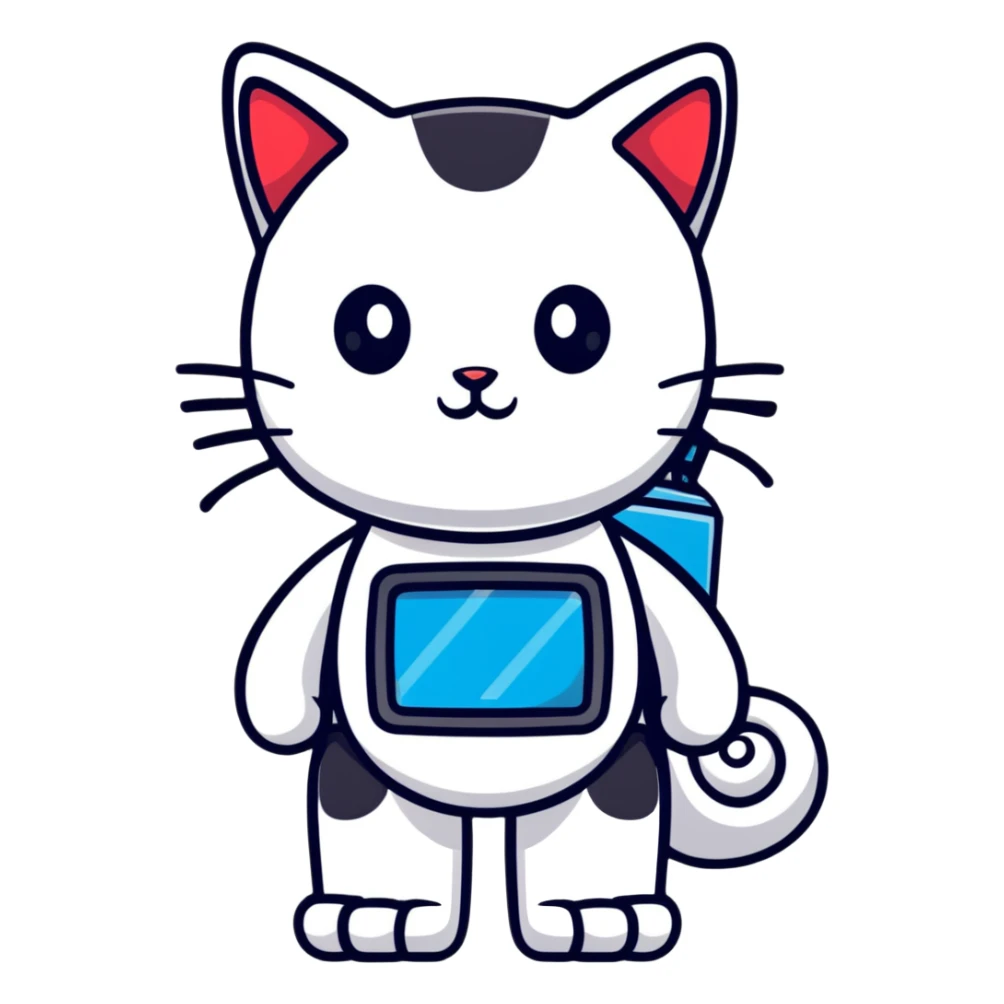 white standing robocat with a display instead of face sticker