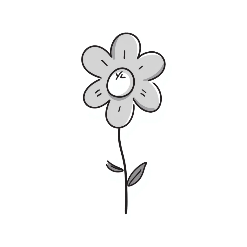 a single flower with petals, stem, and leaves in pastel colors dd9fb0, ffc6d3, a3bfc9, c4bee2, f1b091, detailed hand-drawn doodle style sticker
