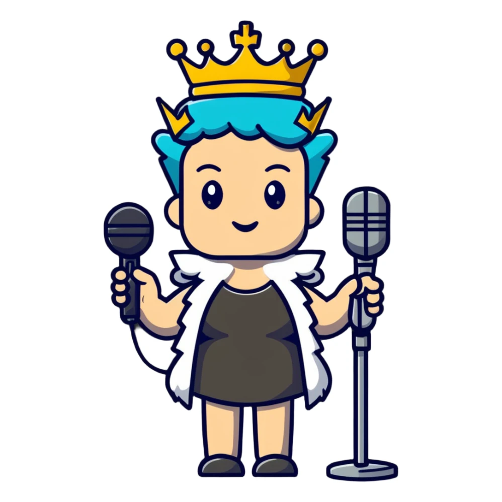 A rock and roll queen with a crown, microphone, and punk rock attitude sticker