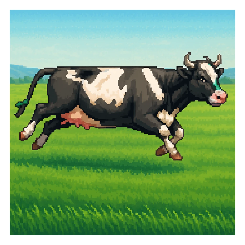 Make the image have a green grass field background in the style of pixel art sticker