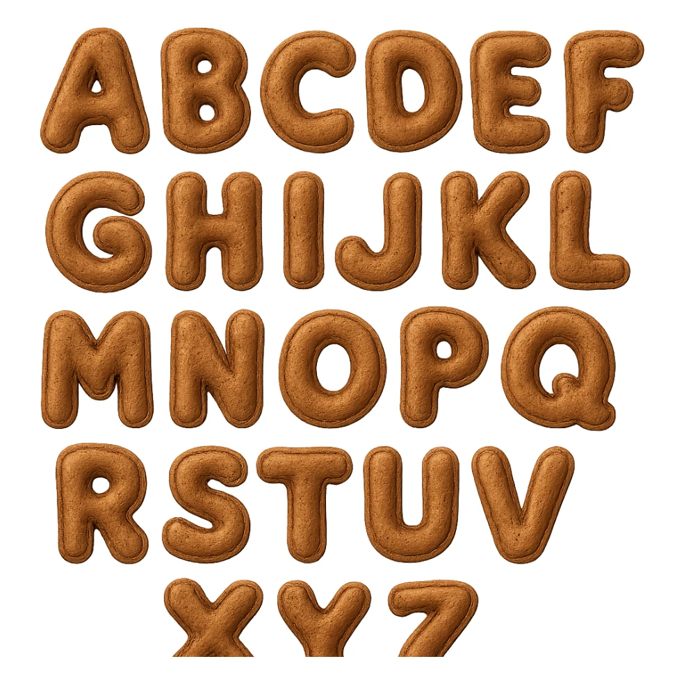brown plush English alphabet, letters with embroidered details, soft texture sticker