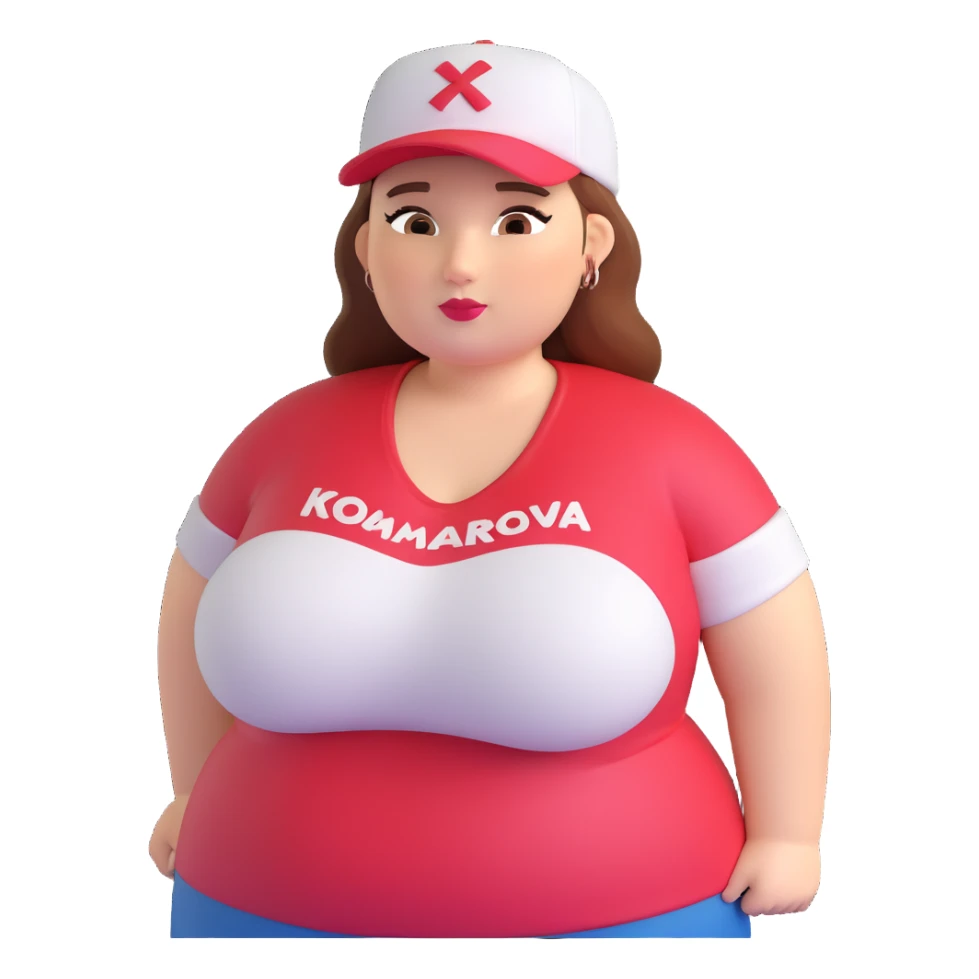 A plus-size woman with a cap that says "Komarova", make her even more plus-size. sticker