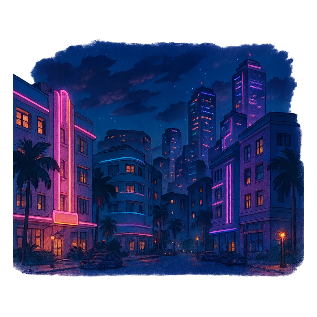 ghibli style GTA 6 inspired city at night with neon lights, no text sticker