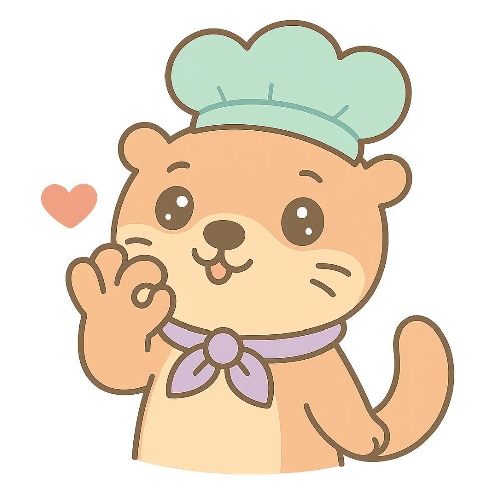 Move the otter's hand so it is almost touching its mouth in the chef's kiss gesture, keep the red heart, kawaii style with transparent background. sticker