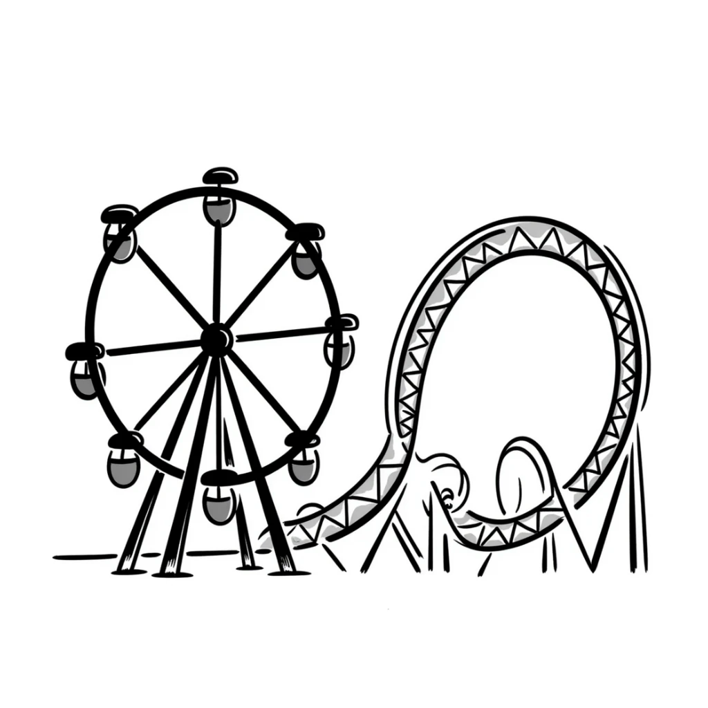 Hand-drawn amusement park with ferris wheel and roller coaster sticker