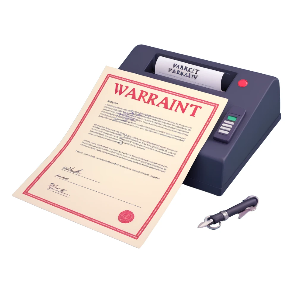 Make the paper of the 3D arrest warrant document icon more white, keeping the large 'WARRANT' at the top, body text, signature, and official stamp at the bottom. Maintain the previous 3D and icon-like style with bright lighting and transparent background. sticker