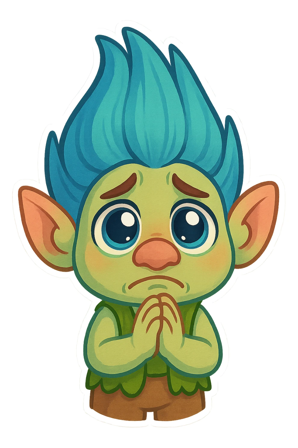 animated emoji of a troll with big eyes and a pleading gesture, looking for assistance, colorful and playful sticker