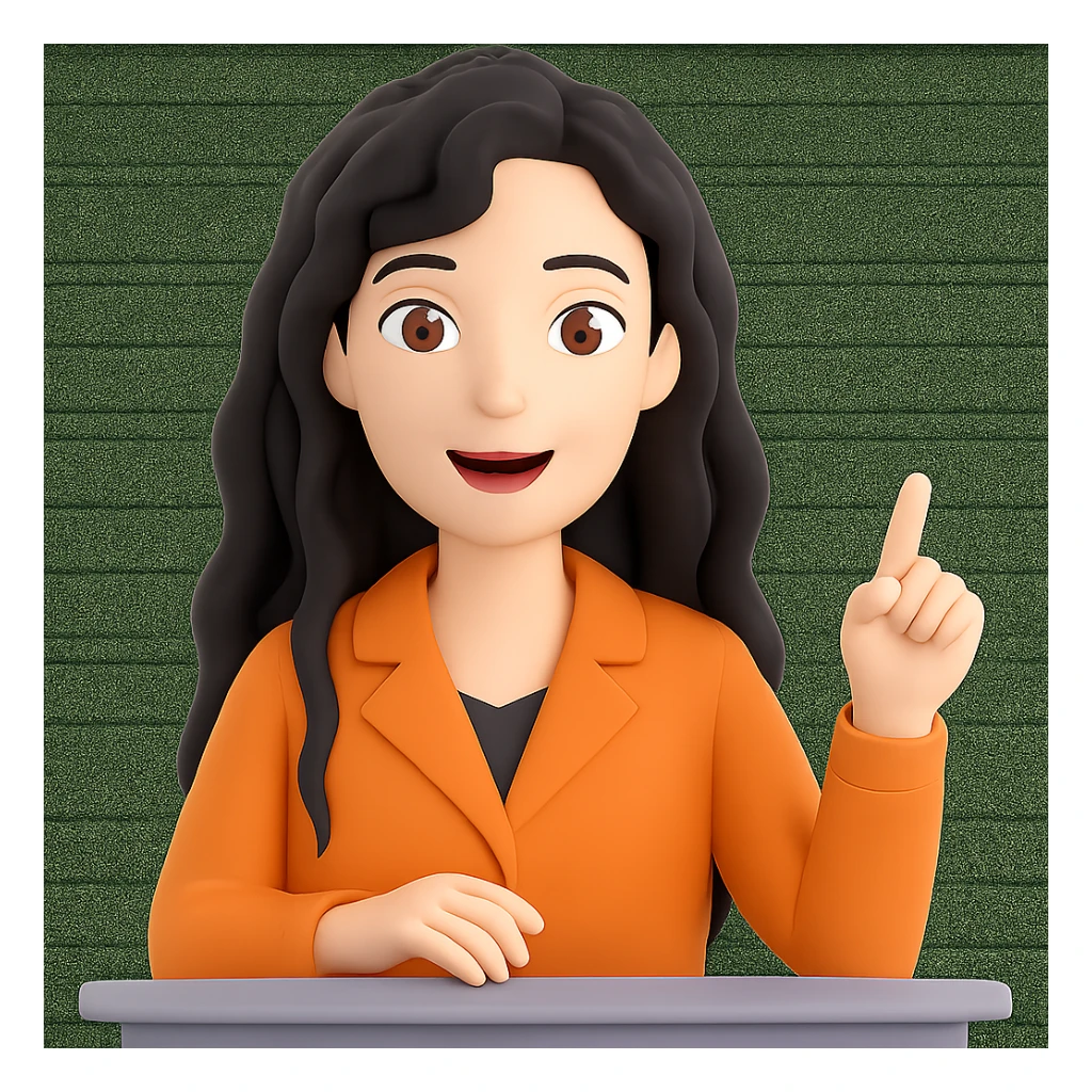 Make her hair longer, keep black wavy hair, no glasses, teaching and talking. Preserve transparent background. Maintain the original style and look of the image. sticker