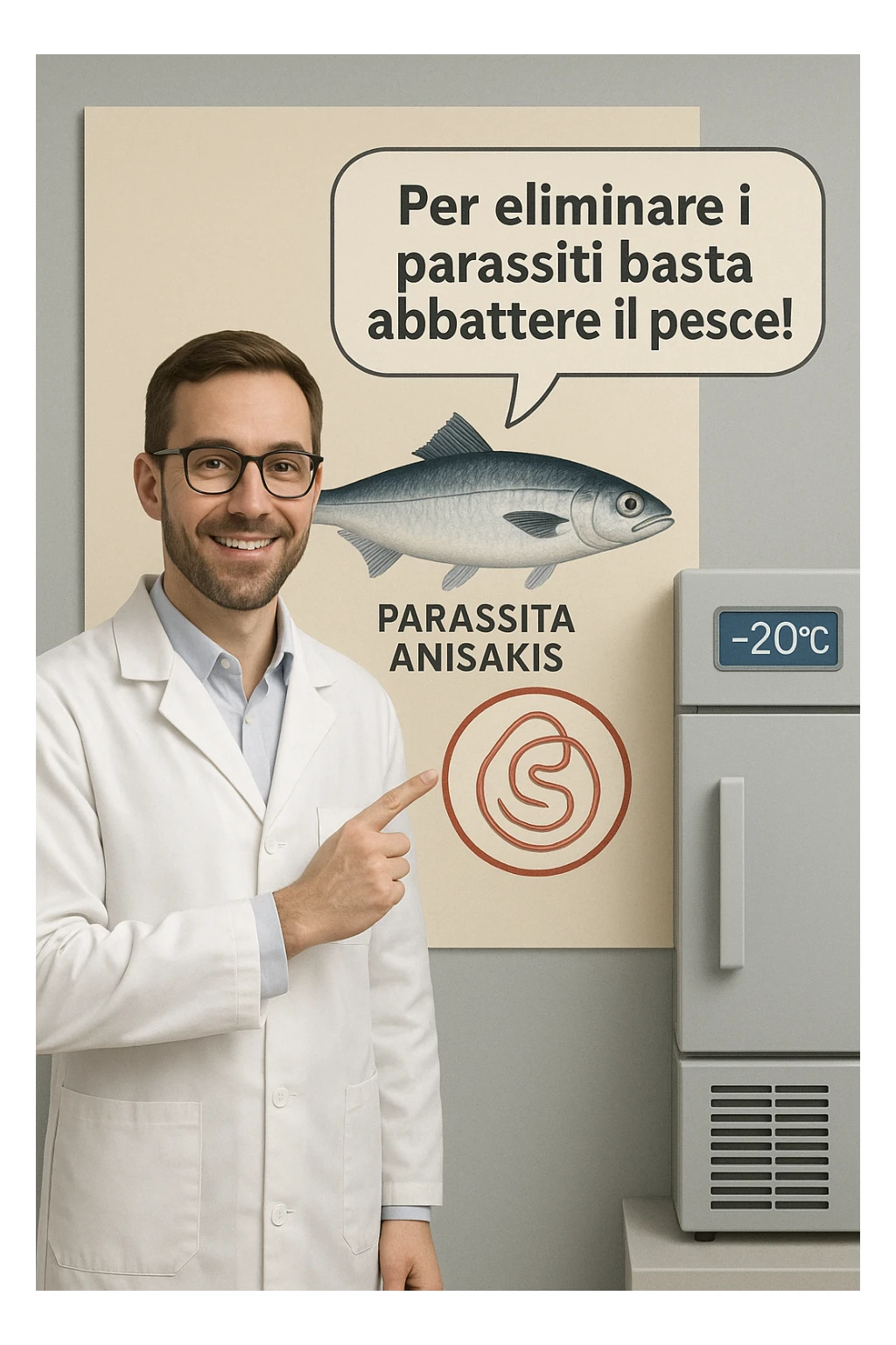  a scientist in a white lab coat stands beside a large poster showing a fish and a diagram of the Anisakis parasite. The scientist points to a speech bubble that says, “Per eliminare i parassiti basta abbattere il pesce!” In the background, a blast freezer is visible, with a temperature gauge set to -20°C. The mood is informative and reassuring. In italiano sticker