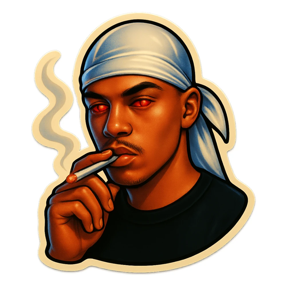Red eyeds
Smoking
Change His durag To white sticker