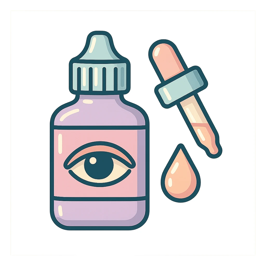 eye drops with dropper, vector look with shadows and highlights, detailed shading, thin clean outlines, soft rounded features, pastel palette #98B5BC #B5B3C1 #C9A3C9 #E4C0CA #F7DCD1 #F7C0AA, Japanese pop art, sticker look, highly detailed sticker
