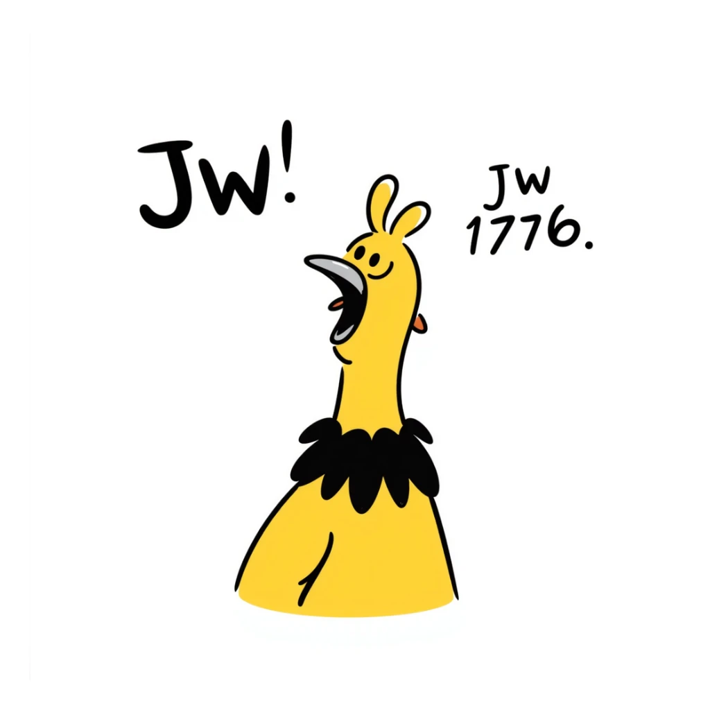 shouting yellow long neck chicken with the words 'JW 1776' sticker