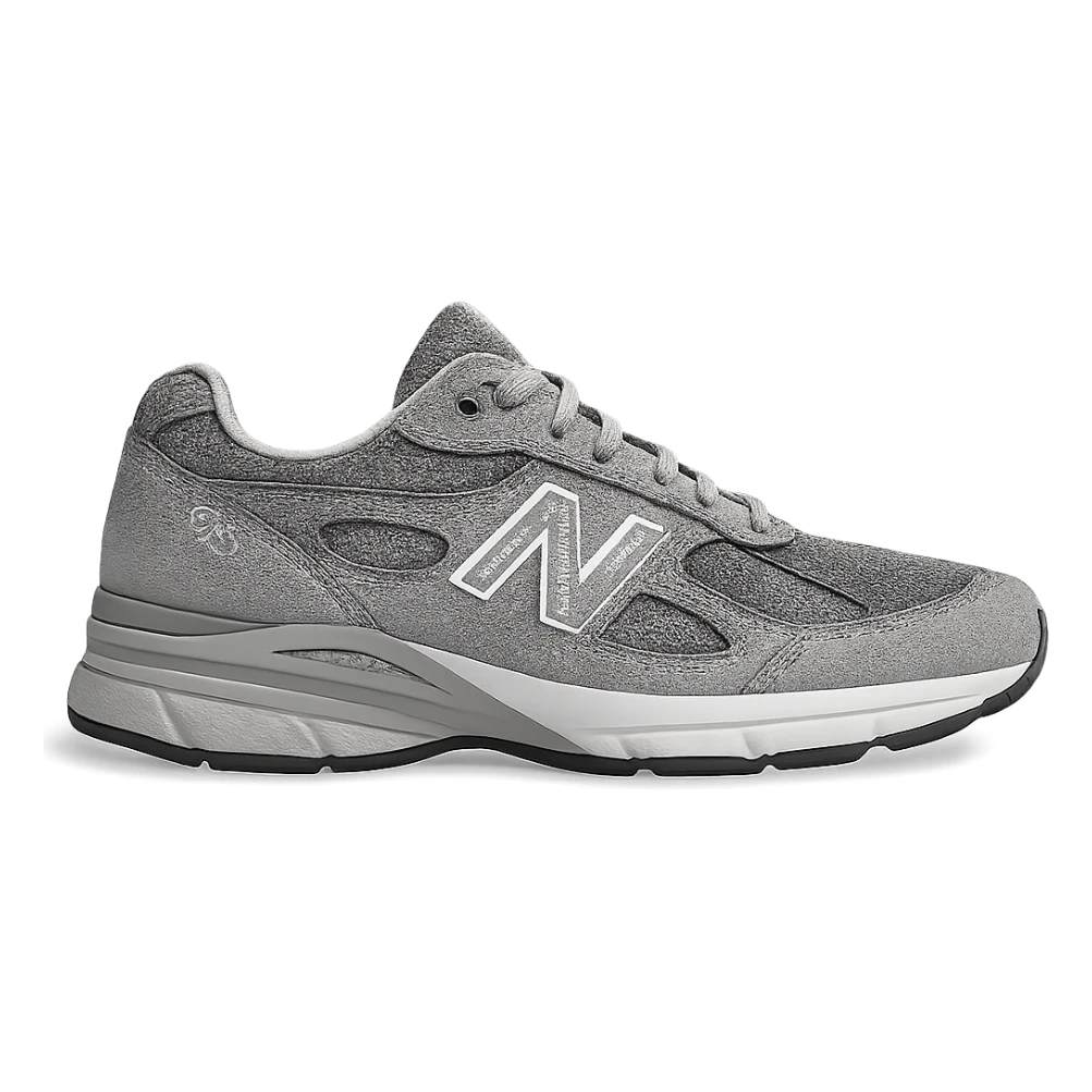 New Balance 990 sneaker, grey, side view, minimal background sticker