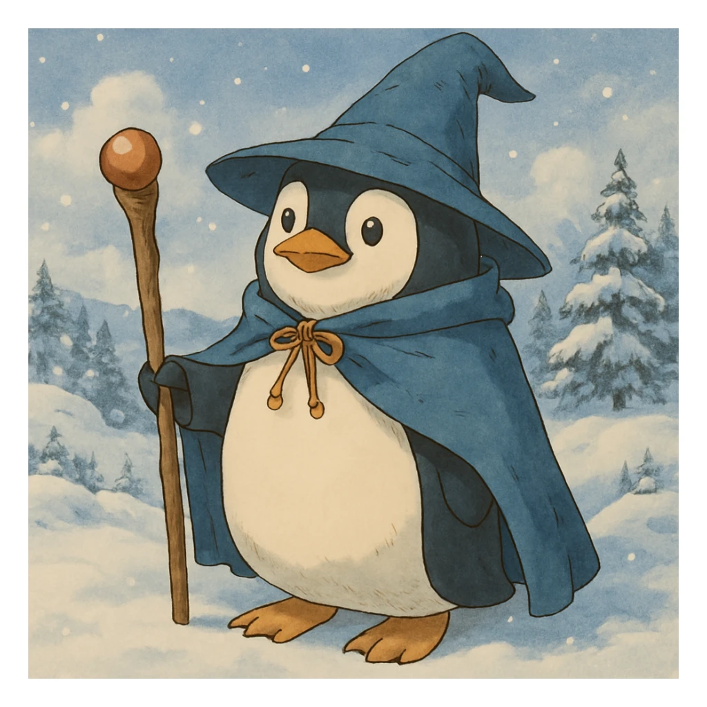 Add a snowy landscape background behind the penguin wizard, keep all original colours and lighting sticker