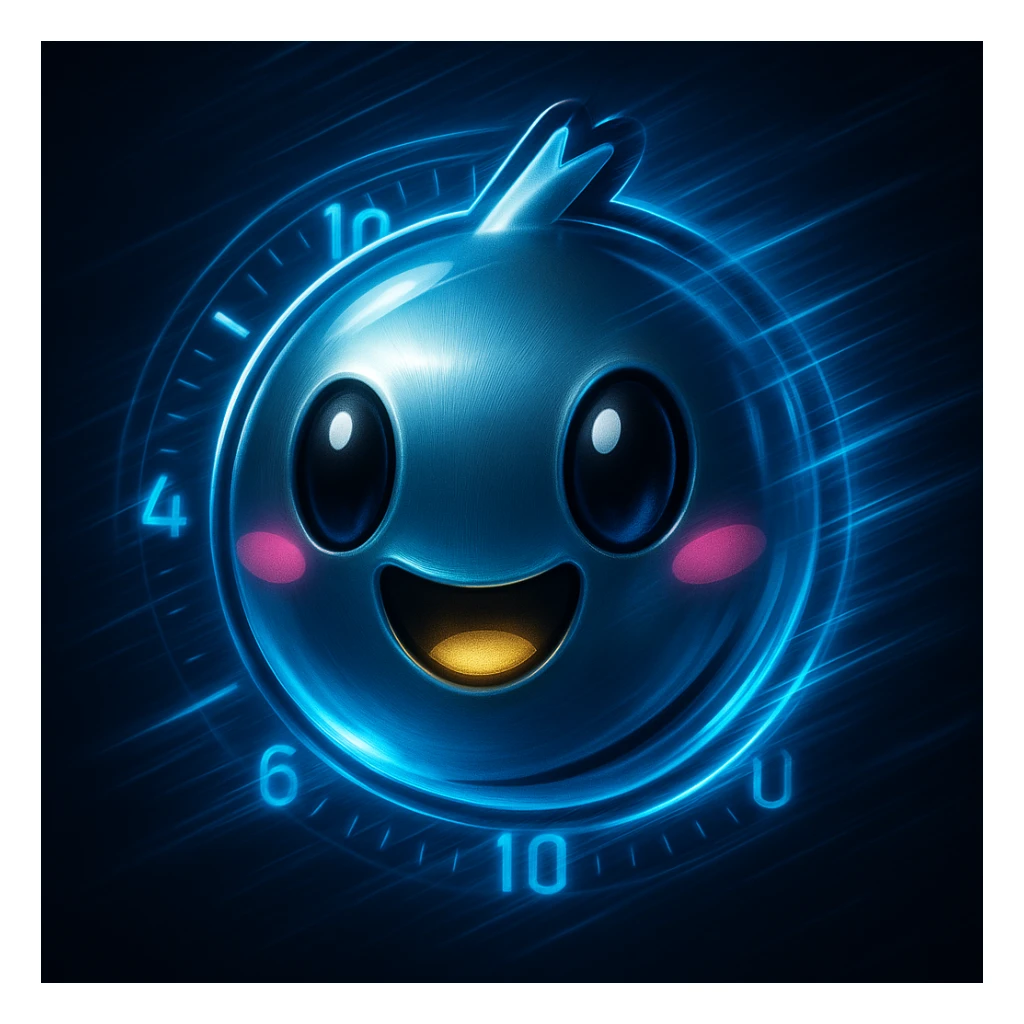 Add a sleek, glowing time acceleration effect to the metallic Made in Heaven emoji. Include blue motion streaks or digital clock elements to create a modern, high-tech look. sticker