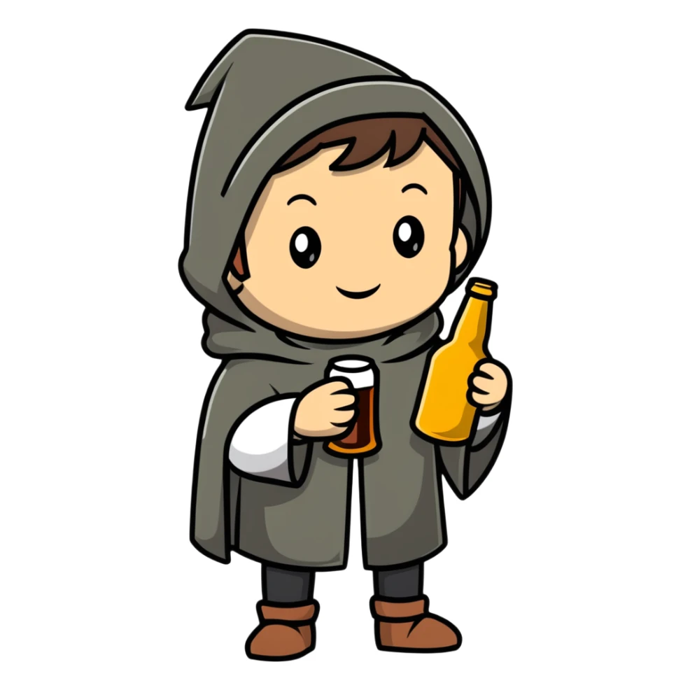 young medieval pilgrim with cloak and beer bottle sticker