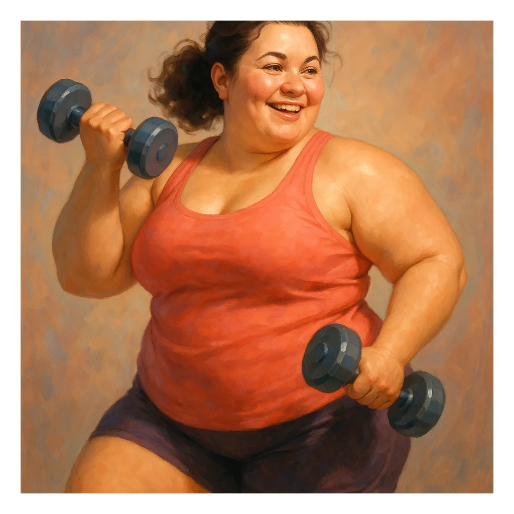 digital painting style chubby woman holding dumbbells, smiling sticker