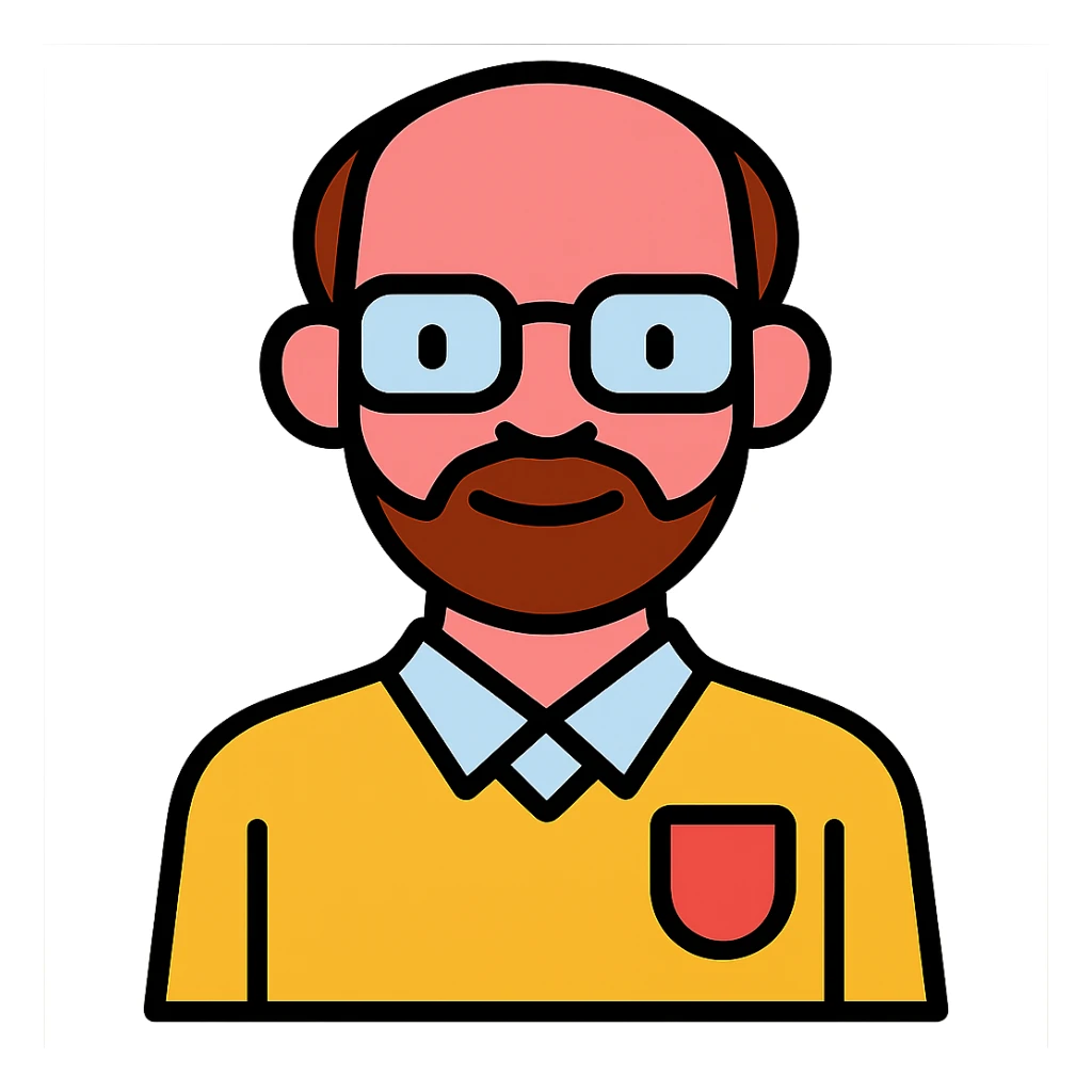 Make the skin much rosier while maintaining the original style of the professor with very short hair, receding hairline, thin beard, and glasses. Remove the background to make it transparent. sticker