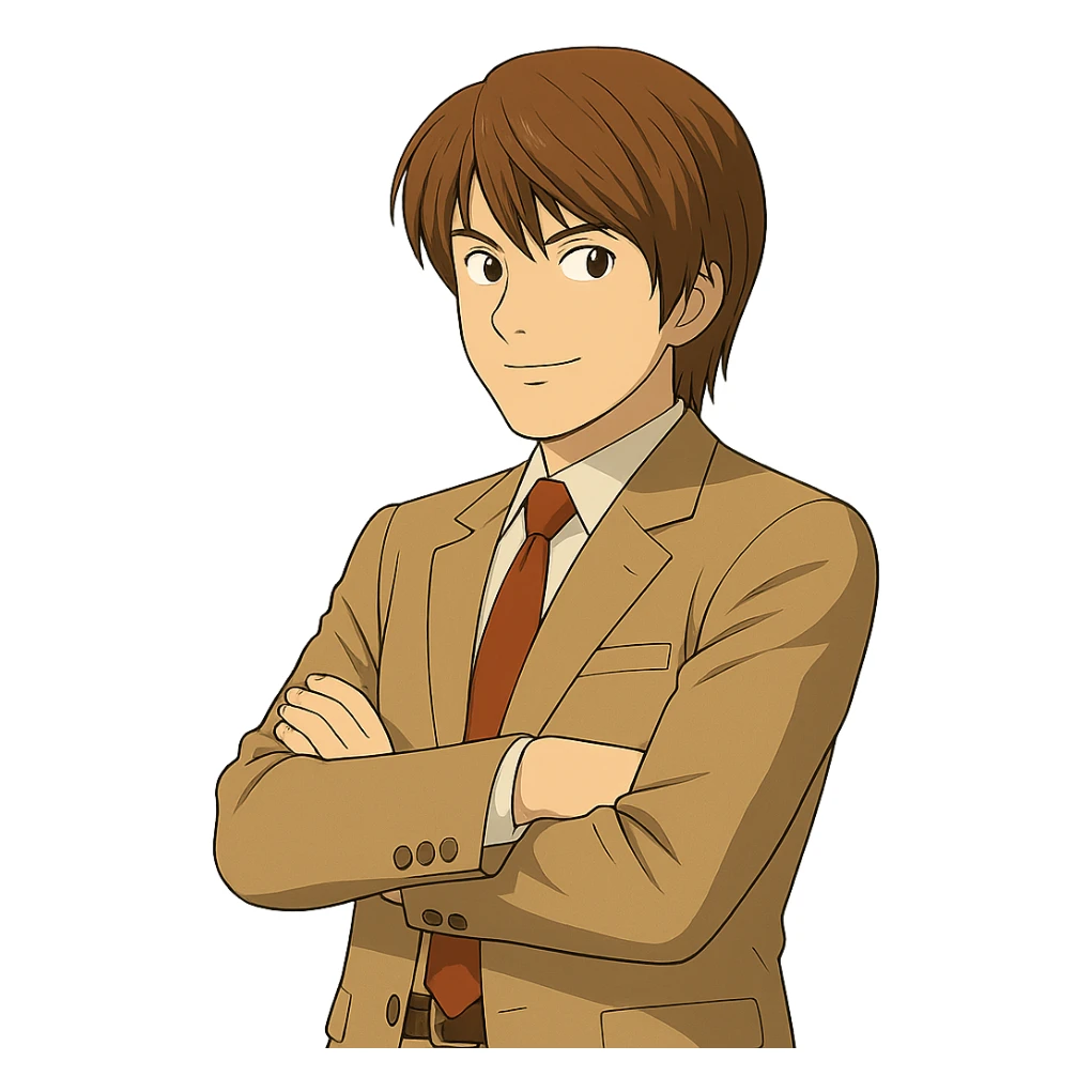 Make this exact Light Yagami in Ghibli style, standing with his arms crossed and body slightly turned to the left, same suit, same confident expression. Match the face, hair, and suit details exactly to the reference. Transparent background. sticker