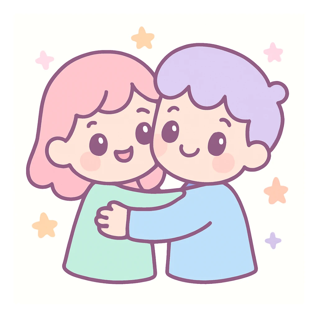 two friends hugging, cute cartoon style sticker