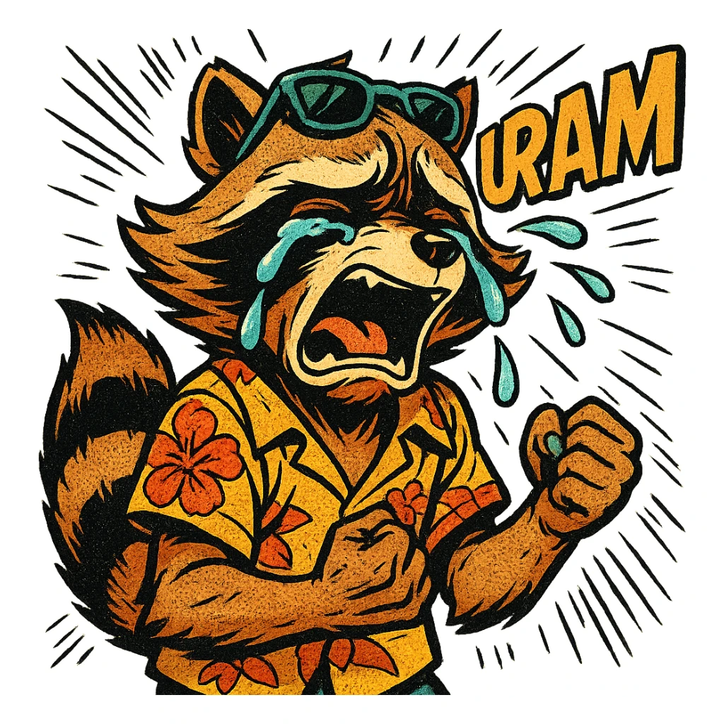 Rocket Raccoon Marvel Rivals summer skin, comic book style, crying, with text 'uram', transparent background sticker