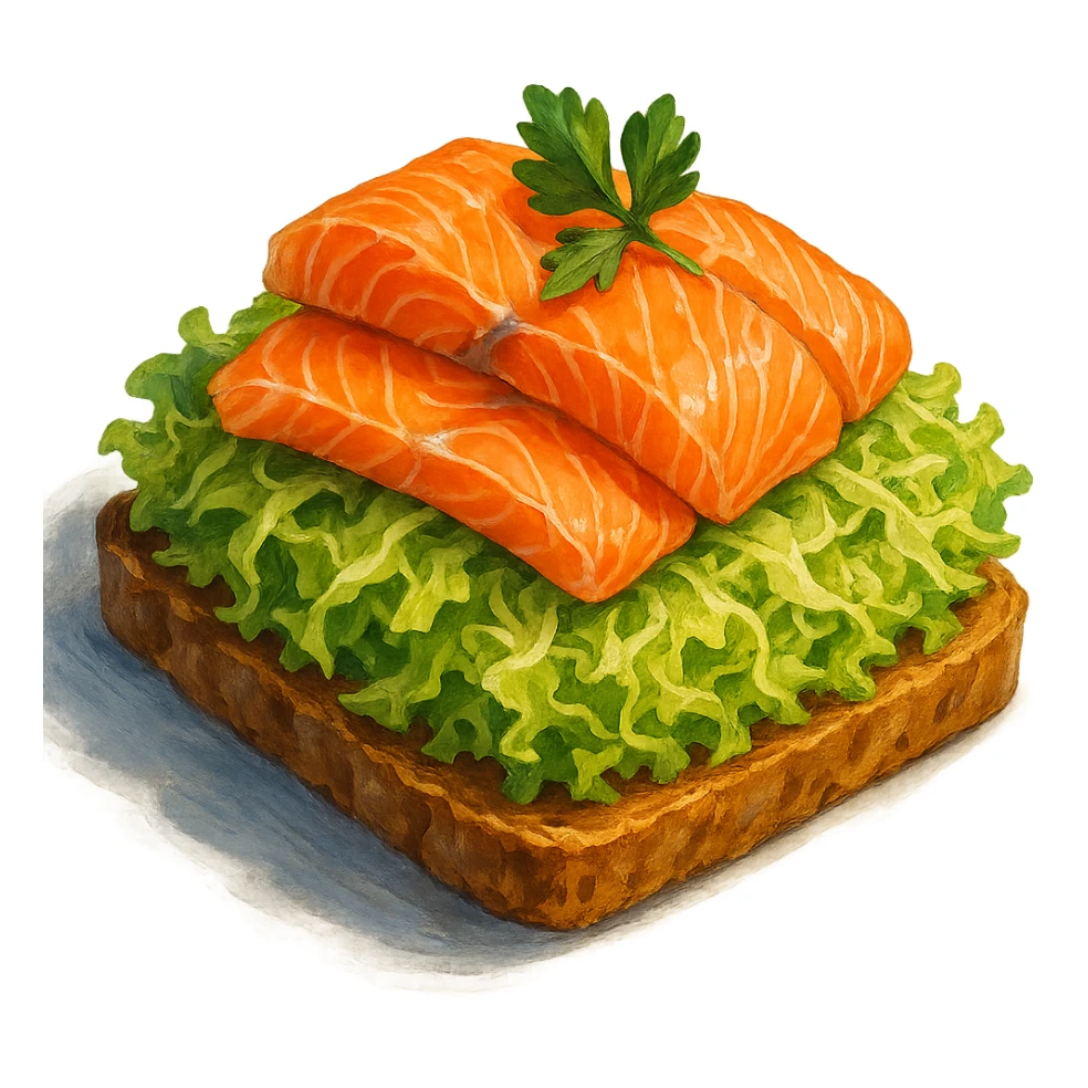 В слега рисованном, но при этом ярком и объемном стиле сгенерируй картинку сочного смёрребрёда c капустой, рыбой, профессионально выставленный свет, который подчеркивает объем, прозрачный фон sticker