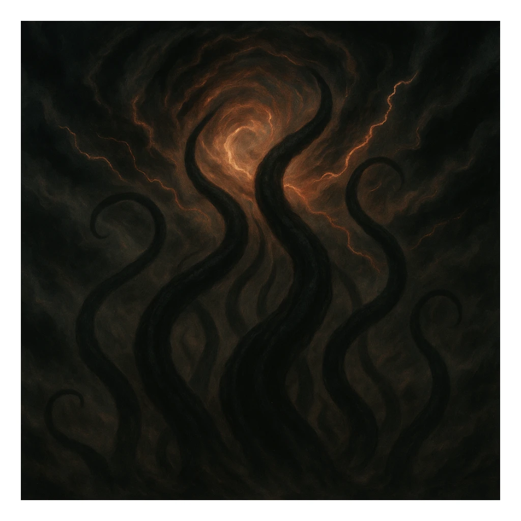 Show only the tentacles emerging from the vortex in the sky, no visible creature, cosmic horror style, dramatic lighting, swirling clouds and energy. Focus on the tentacles and the vortex atmosphere with cosmic horror elements and dramatic lighting effects. sticker