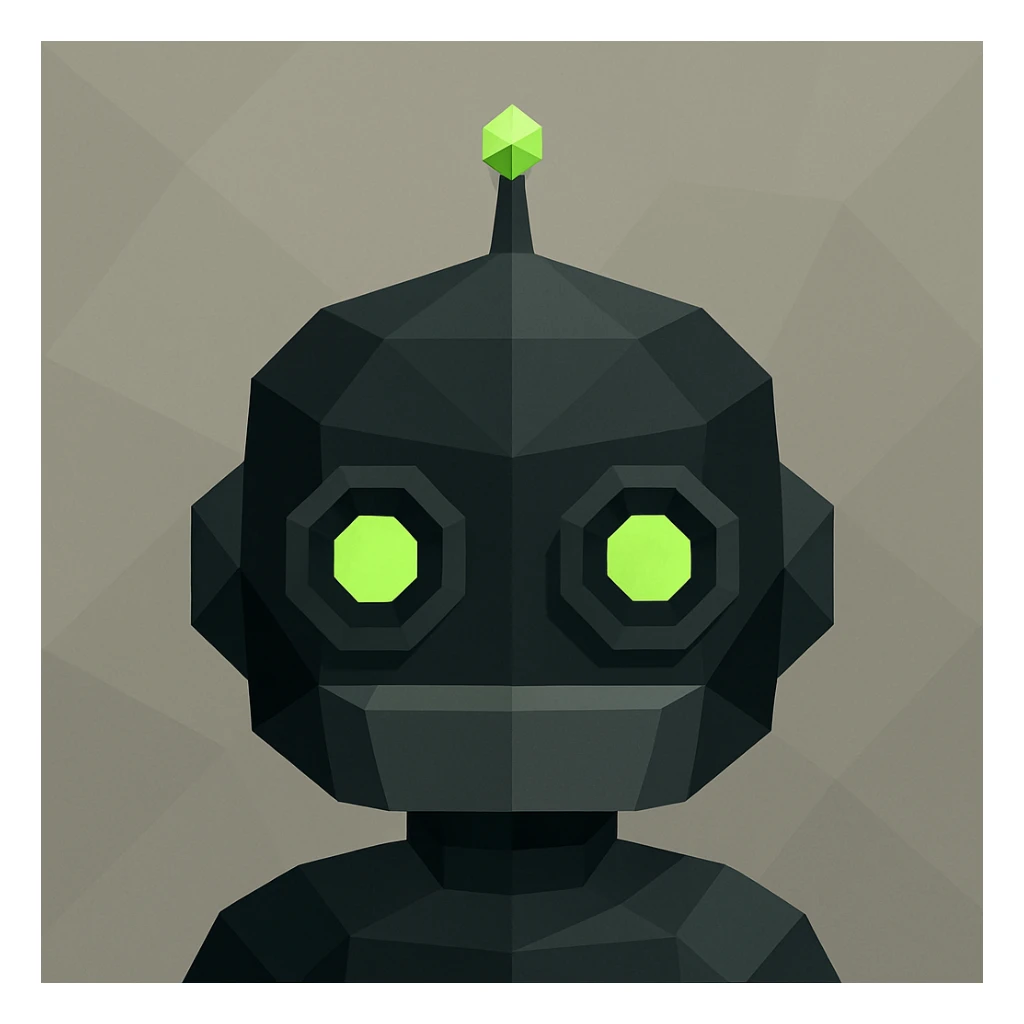 cute small robot headshot, minimalist, color scheme charcoal, black, neon green, gray, geometric modern look sticker