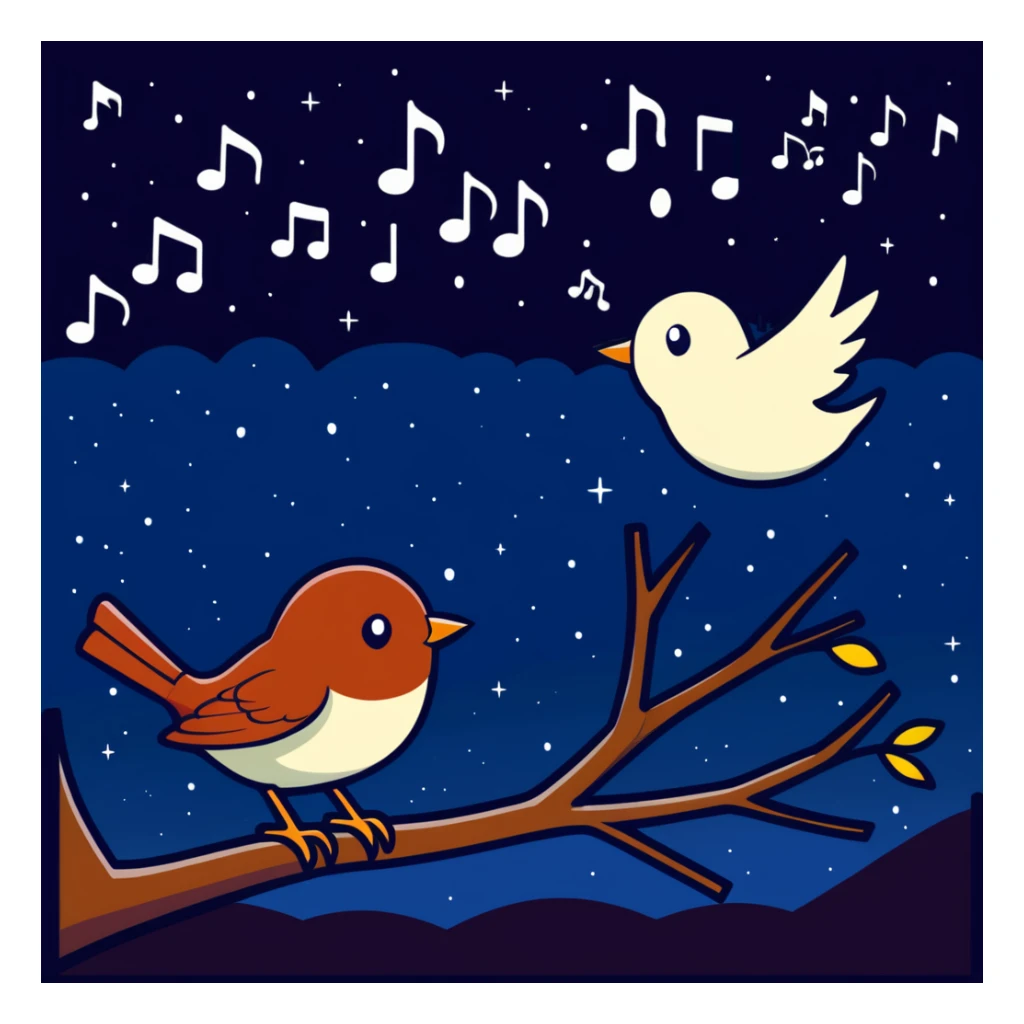 a nightingale bird singing with musical notes visible, flying against a dark starry night sky sticker