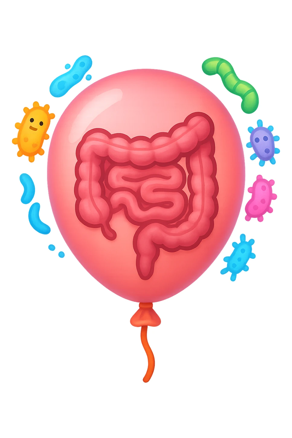 emoji stile iphone di un palloncino con intestino dentro e batteri intestinali intorno sticker