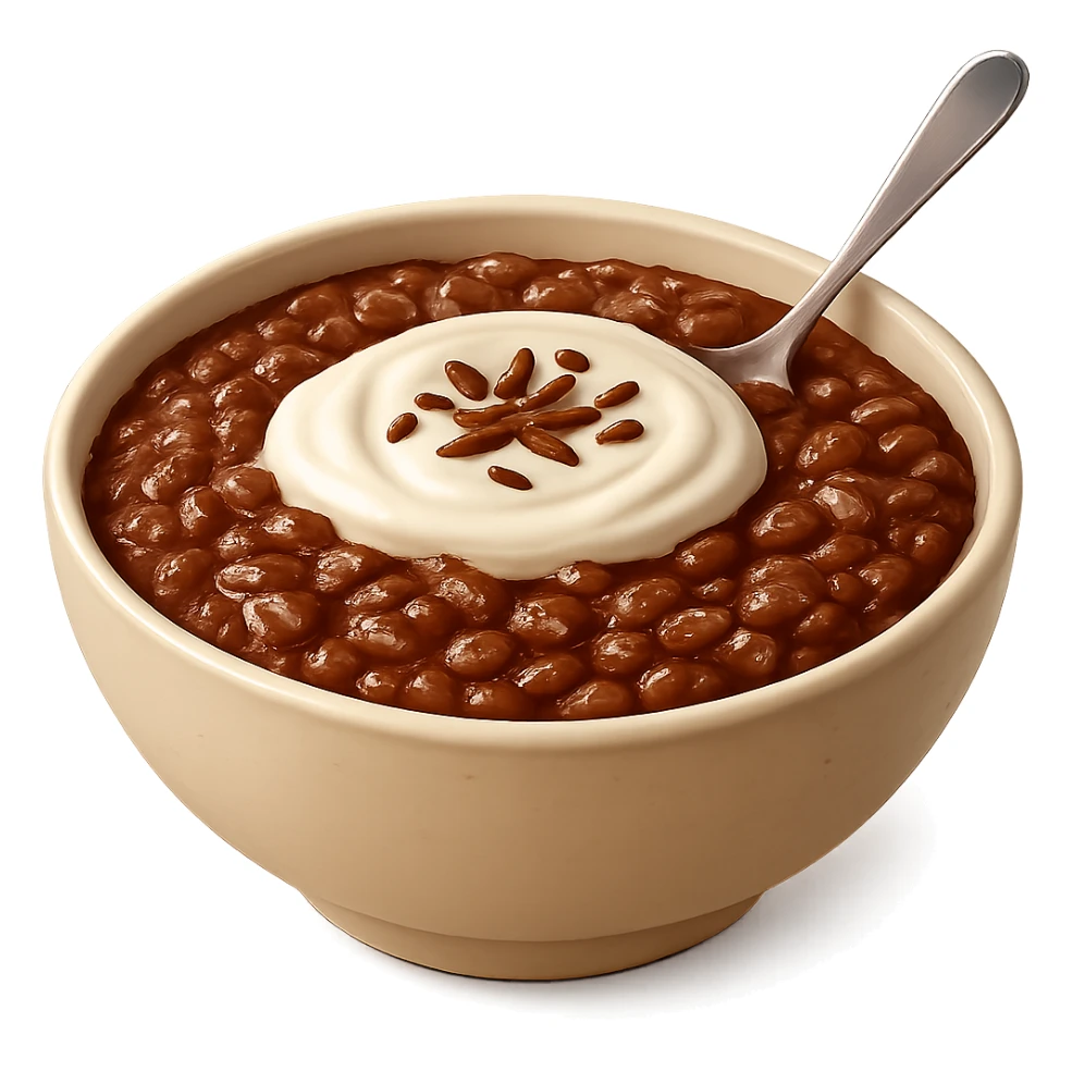 Make the champorado look like chocolate mixed with congee, with visible rice grains in a thick, glossy chocolate porridge, realistic texture, appetizing and true-to-life, keep the background transparent. Realistic and detailed food texture. sticker