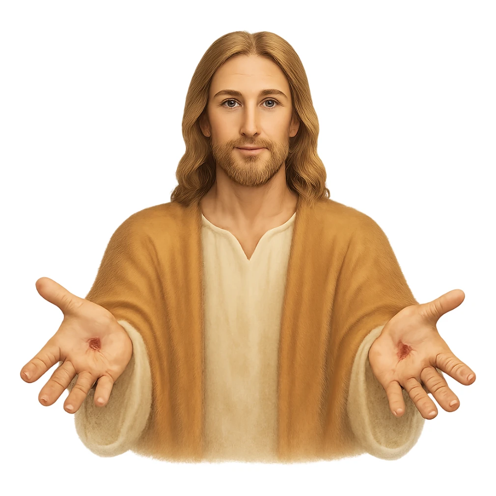 Jesus' hands post-resurrection, open and inviting, with subtle marks of crucifixion, conveying compassion and divinity, peaceful and uplifting sticker