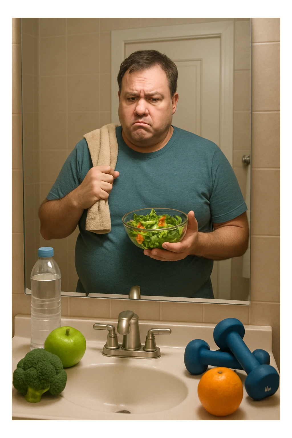 a middle-aged man stands in front of a bathroom mirror, looking at his reflection with a puzzled and slightly frustrated expression. He holds a salad bowl in one hand and a gym towel in the other, surrounded by healthy food and workout gear, yet his body remains overweight. The background is a typical home bathroom, softly lit, emphasizing confusion and self-reflection. sticker