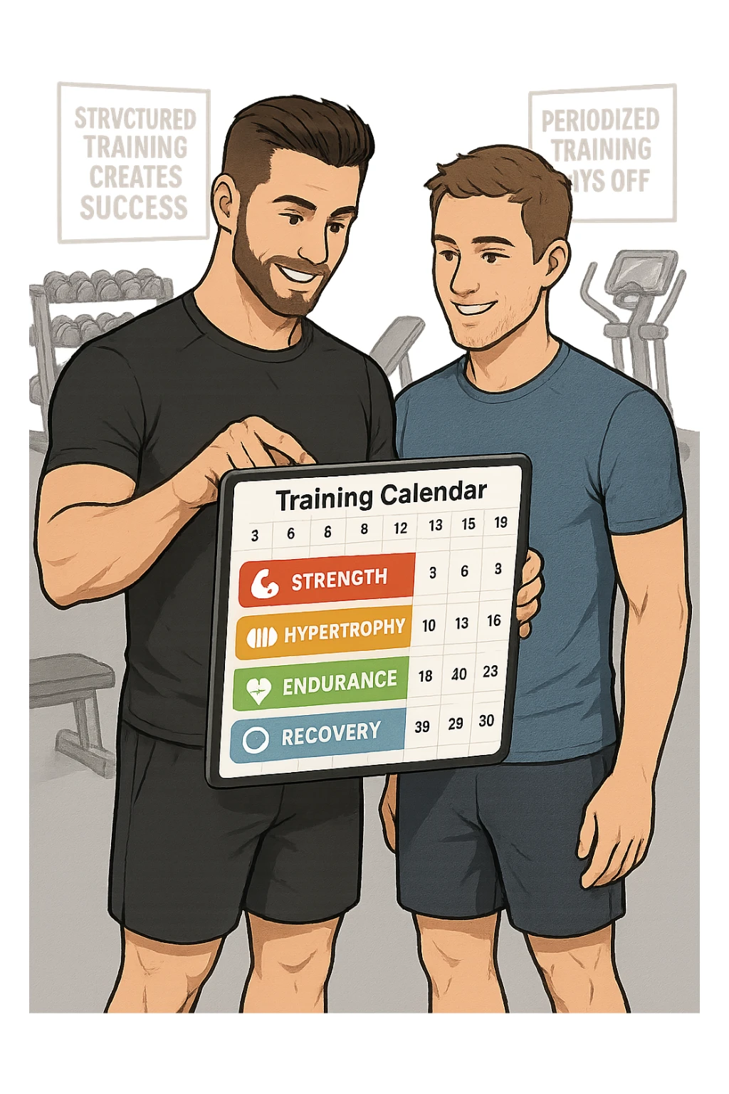 a personal trainer and a client stand in a modern gym, reviewing a large, color-coded training calendar or chart on a tablet. The calendar shows different phases (strength, hypertrophy, endurance, recovery) with icons and dates. Around them, gym equipment and motivational posters reinforce the idea of structured, periodized training. sticker