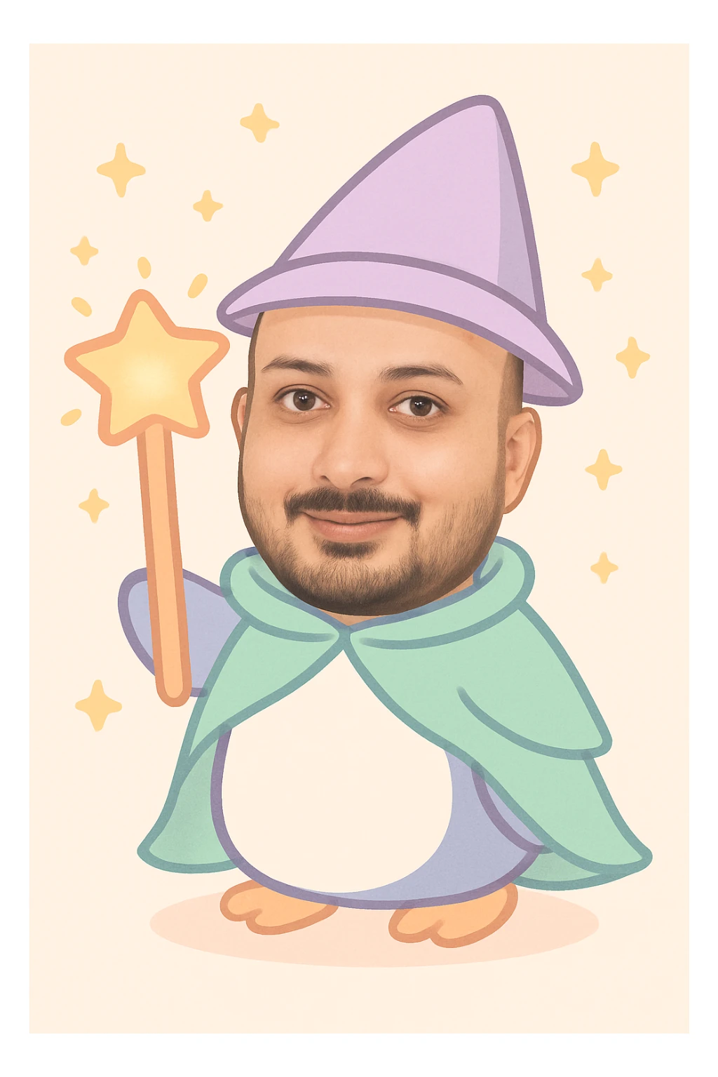 Add the person's head from the first photo onto the penguin wizard in the second photo, blending it in a fun and whimsical way while keeping the wizard hat on top. Maintain a playful and magical style that integrates the head naturally with the penguin wizard character. sticker